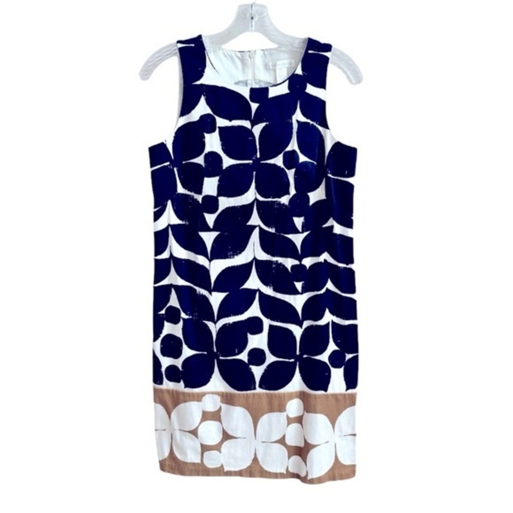London Times Navy Tan Leaf Abstract Print Sheath Dress 🤍 Size 4 Size Small